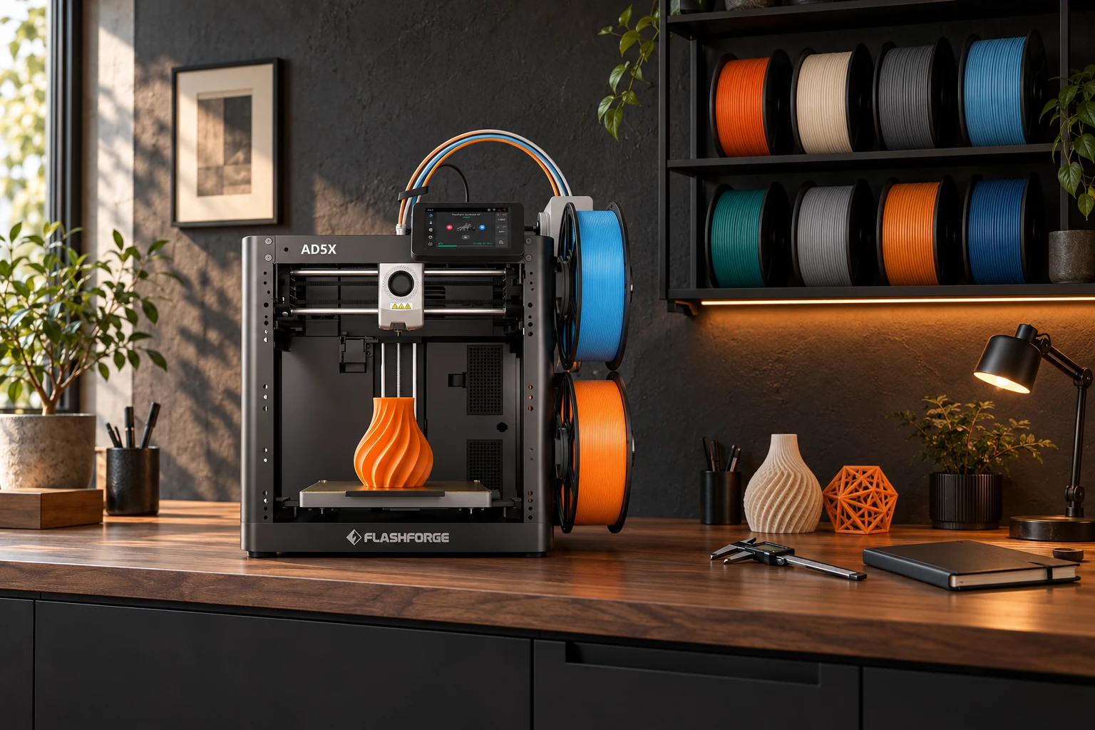 Un bureau en bois avec une FlashForge AD5X et une étagère de bobines de filament, dans une ambiance anthracite et orange